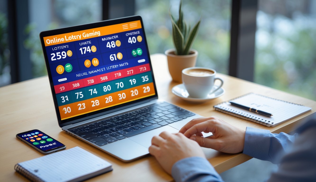 Sebuah ruang kerja modern dengan laptop yang menampilkan antarmuka permainan togel online dan elemen seperti ponsel, cangkir kopi, serta buku catatan di atas meja yang rapi.