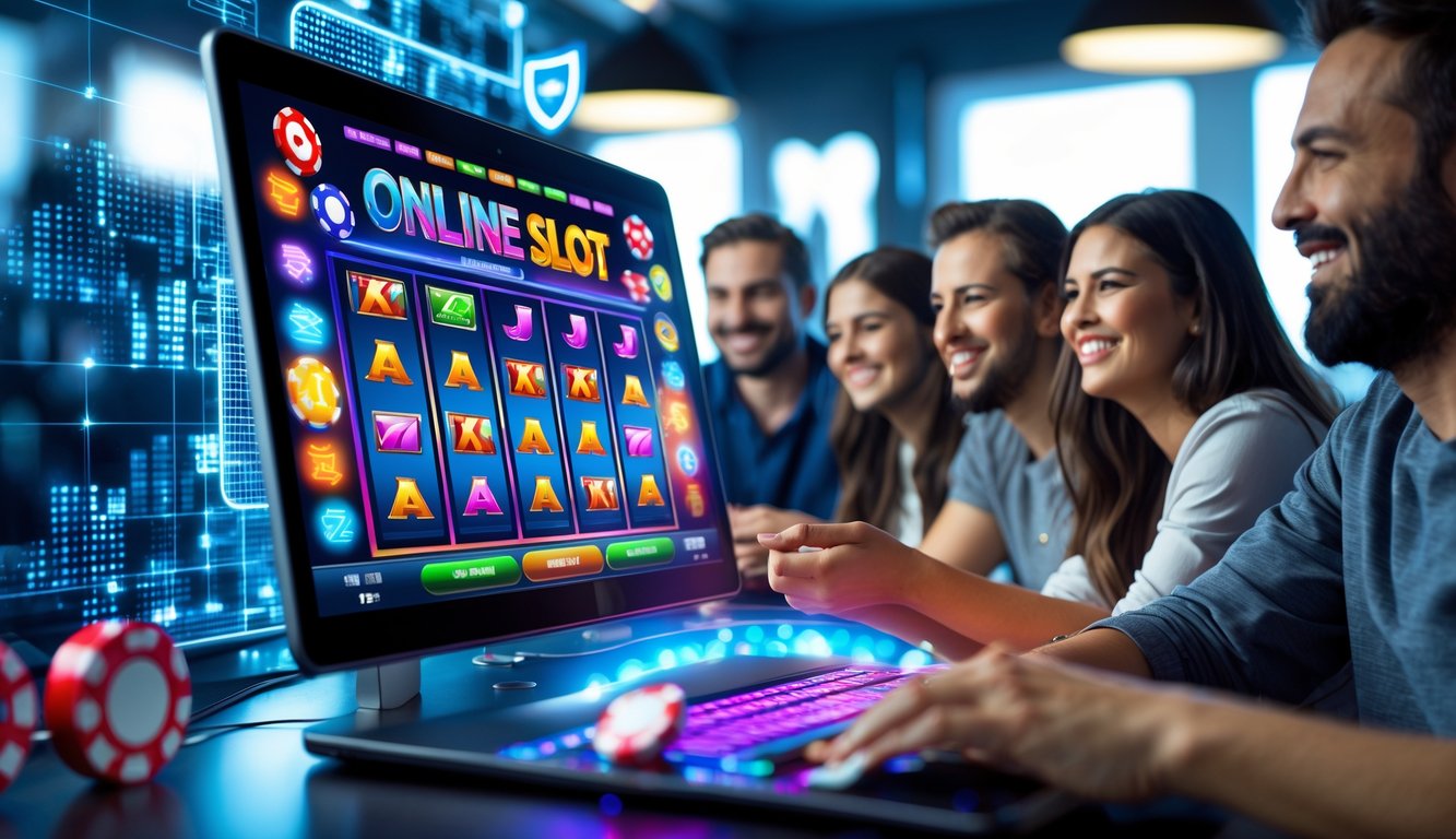 Orang-orang sedang bermain permainan slot online di komputer dengan suasana yang cerah dan menyenangkan.