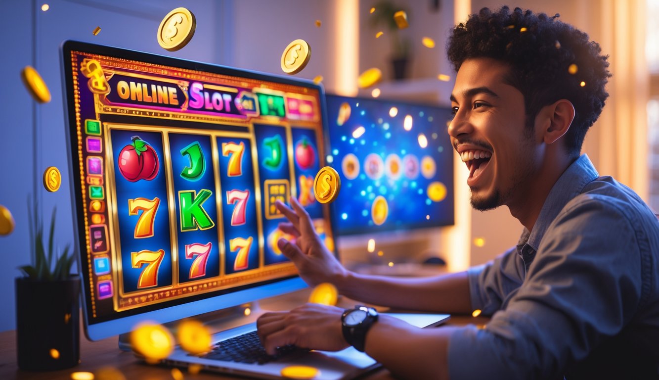 Seorang dewasa muda bermain permainan slot online dengan antusias di depan komputer di ruangan yang nyaman.