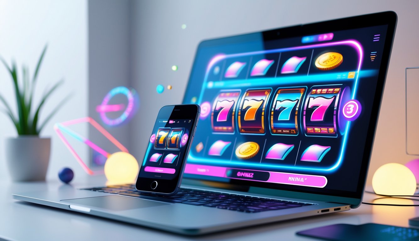 Tampilan perangkat elektronik dengan permainan slot online modern dan fitur interaktif di layar.