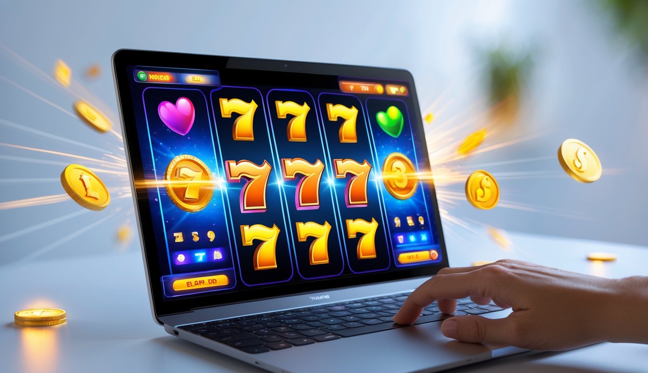 Seseorang bermain permainan slot online di layar komputer dengan simbol warna-warni dan suasana yang menyenangkan.
