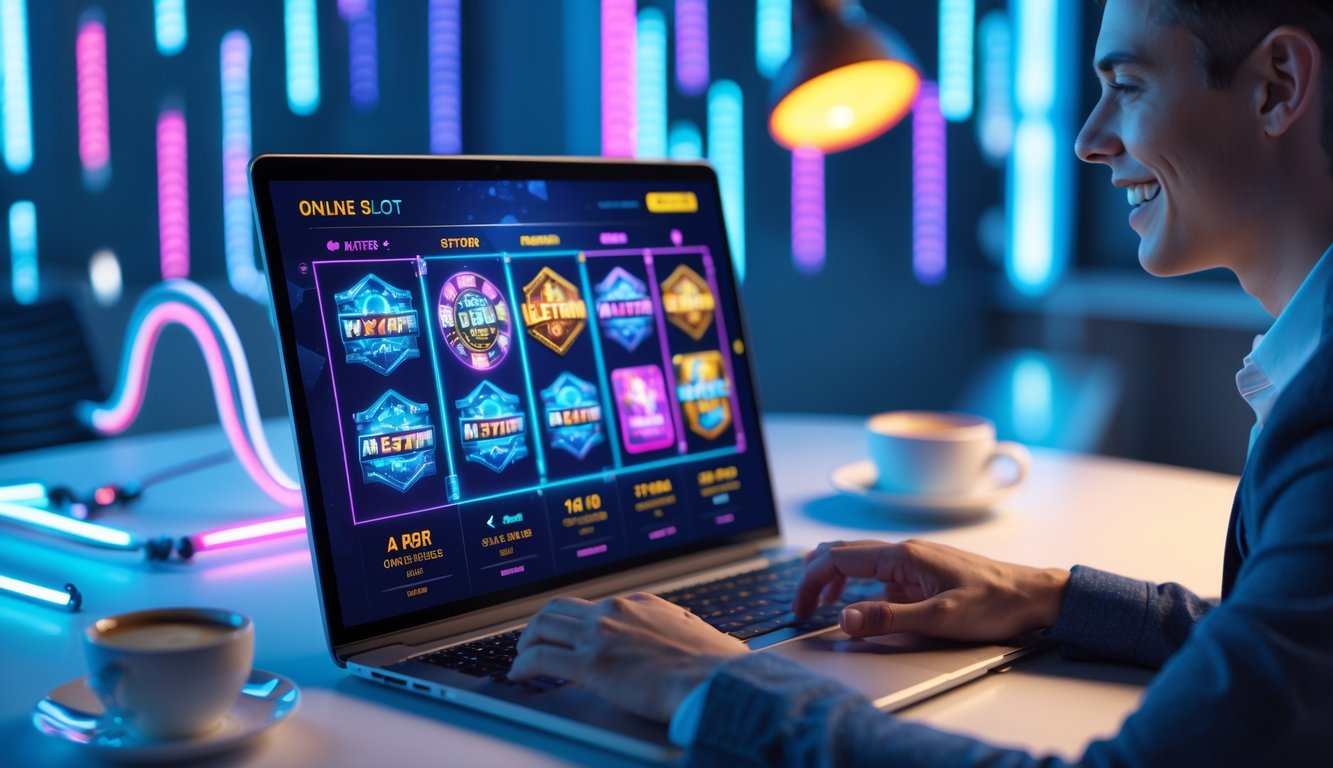 Seorang profesional muda sedang menggunakan laptop dengan tampilan permainan slot online yang modern di ruang kerja minimalis.