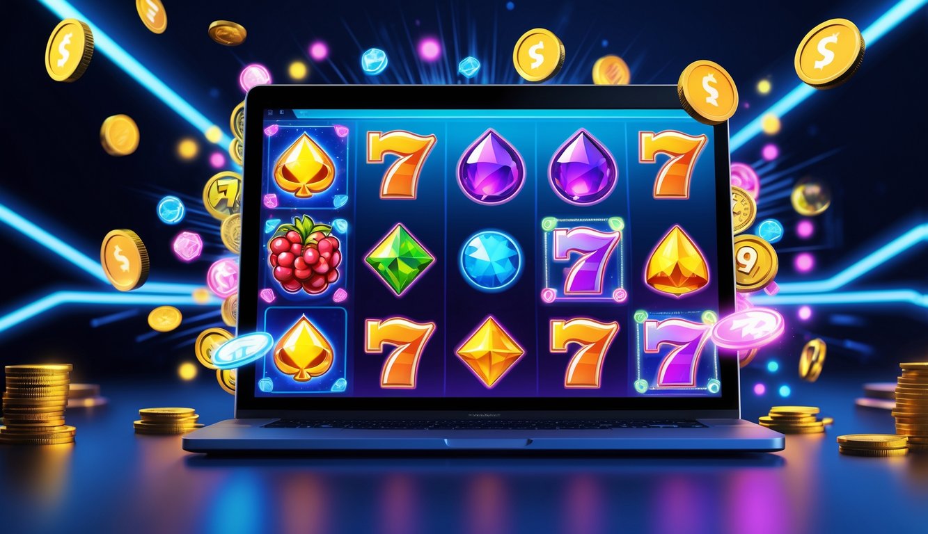 Layar komputer menampilkan permainan slot online yang penuh warna dengan simbol buah, permata, dan angka tujuh, dikelilingi koin digital dan ikon permainan yang berputar.