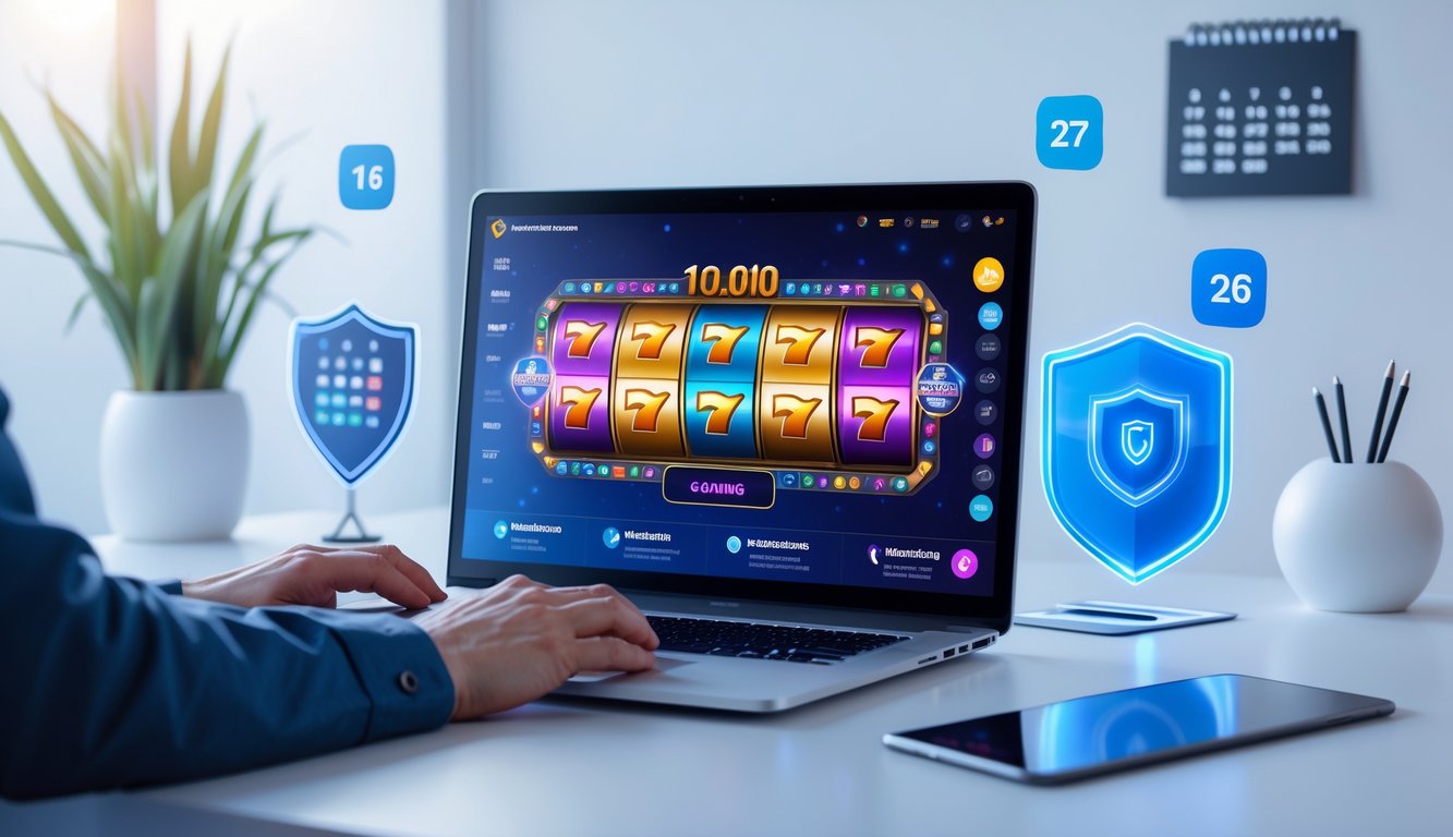 Seorang pengguna duduk di depan laptop dengan tampilan permainan slot online yang cerah dan modern, di lingkungan kerja yang bersih dan terang.