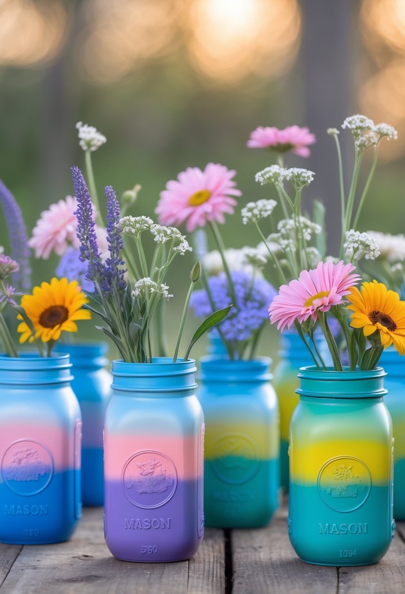 Sixteen painted mason jars with gradient colors arranged on a wooden surface, each holding fresh flowers.