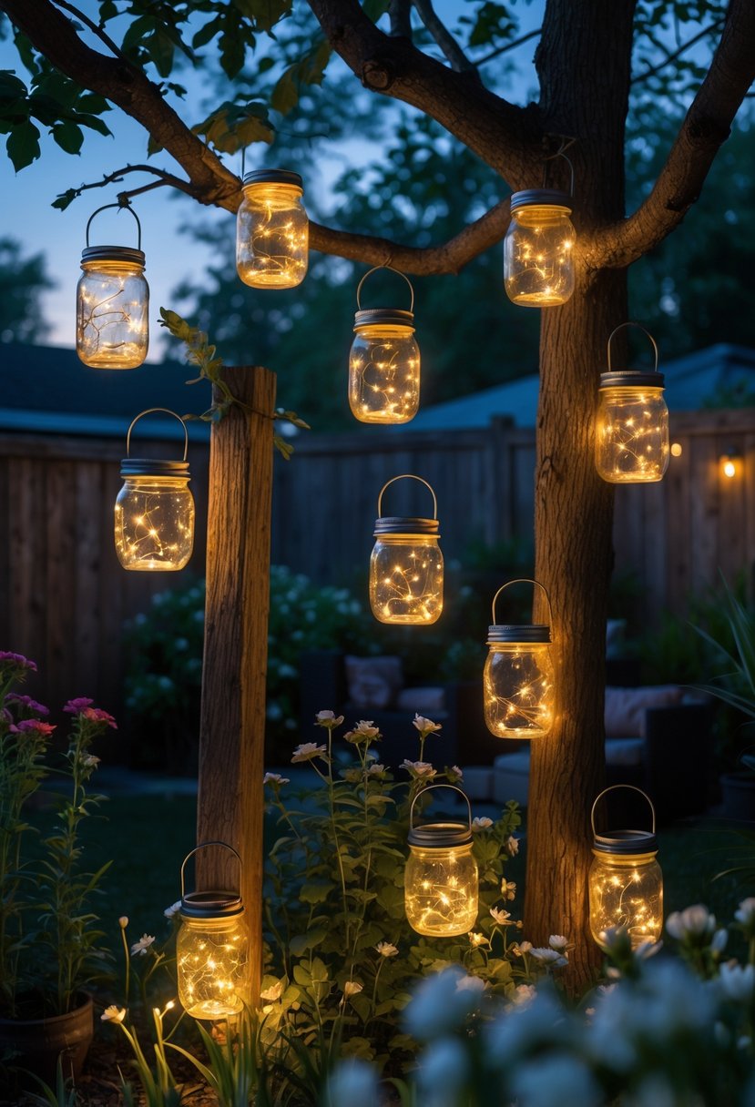 Sixteen glowing mason jar lights hanging in a garden at dusk, illuminating plants and trees.