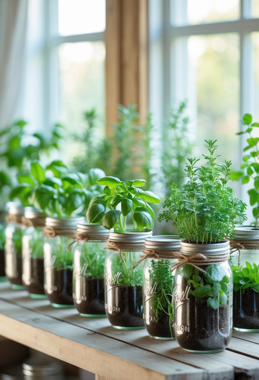 Sixteen mason jars filled with various fresh herbs arranged on a wooden shelf and table in a bright indoor setting.