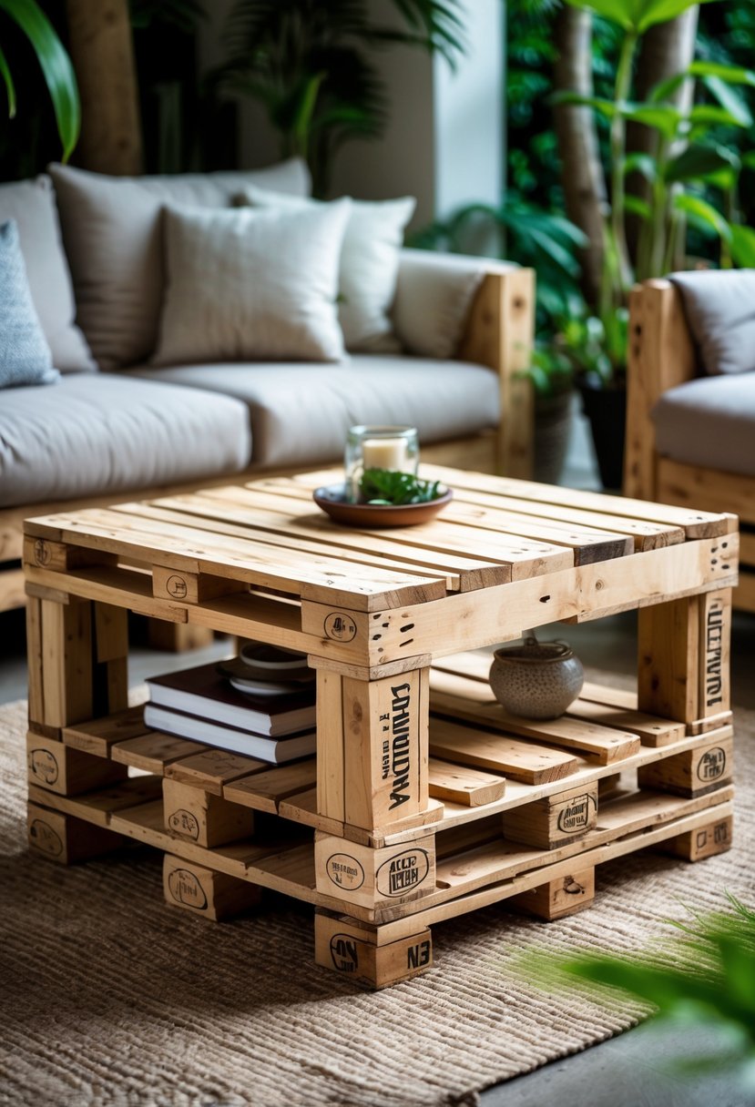 A wooden pallet coffee table with storage compartments in a cozy living room with plants and seating.