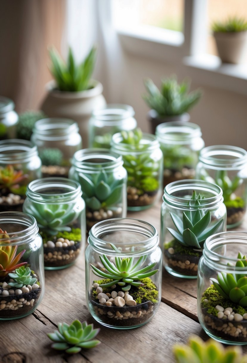 Sixteen mason jars filled with various green succulents arranged on a wooden table indoors.