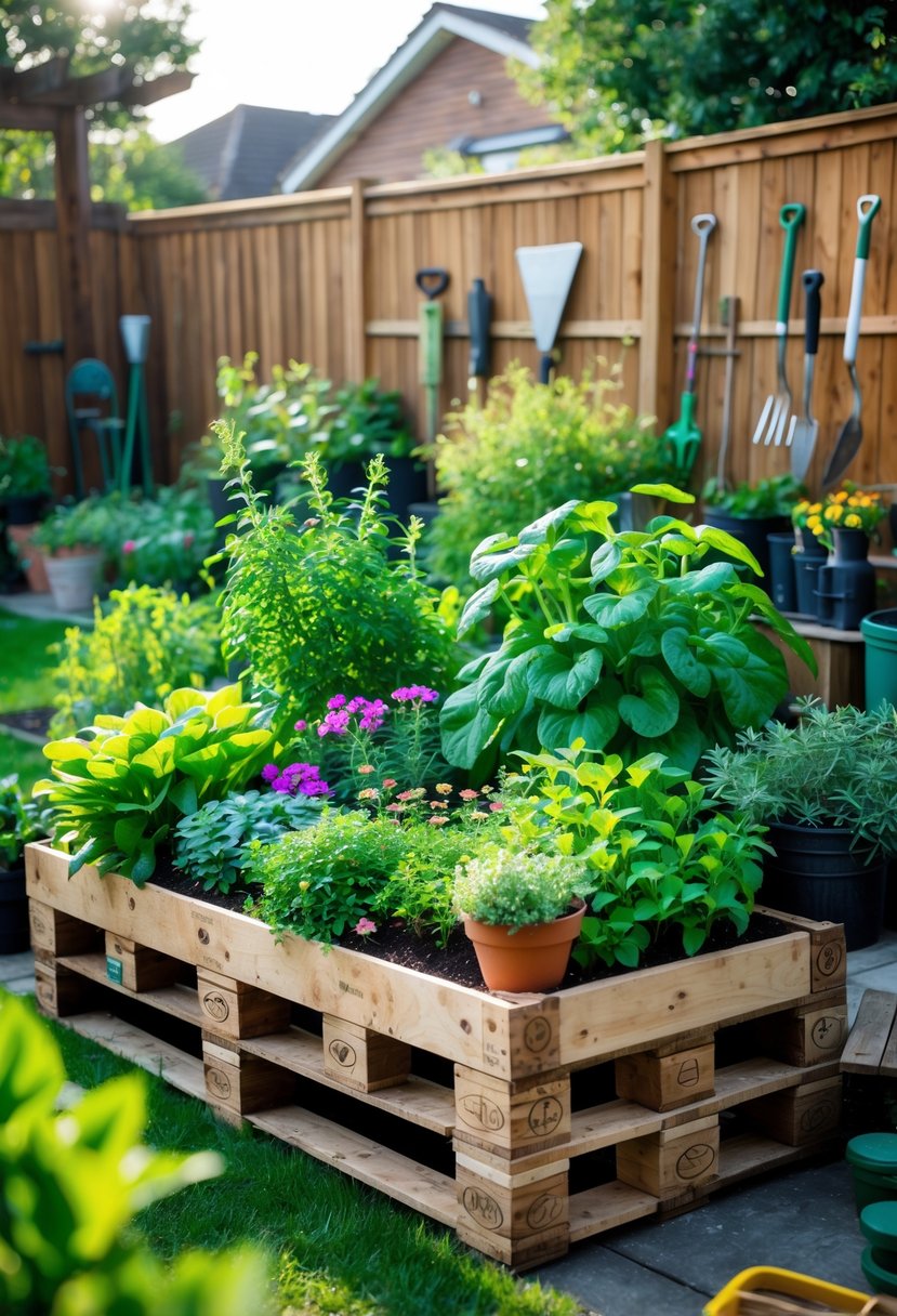 An outdoor garden with a large wooden pallet planter filled with green plants and colorful flowers in a sunny backyard.