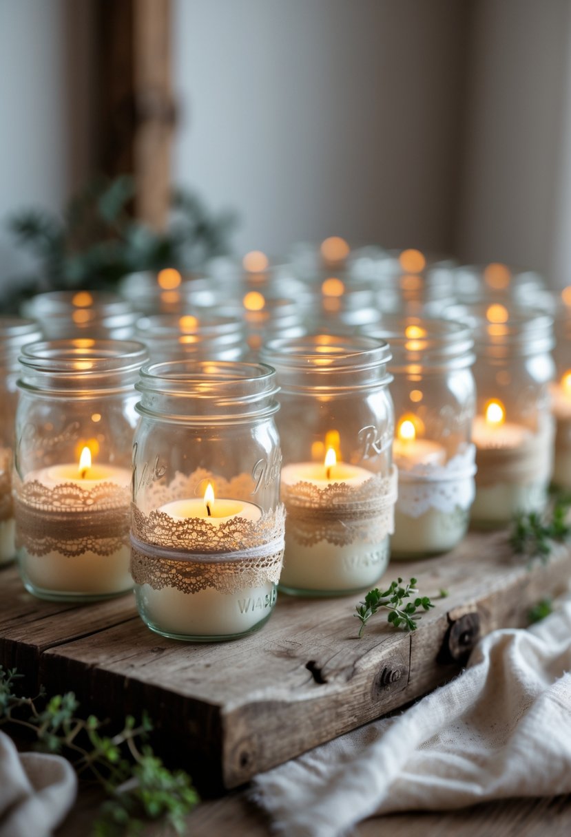 Sixteen mason jars wrapped with lace holding lit candles arranged on a wooden surface with greenery around them.