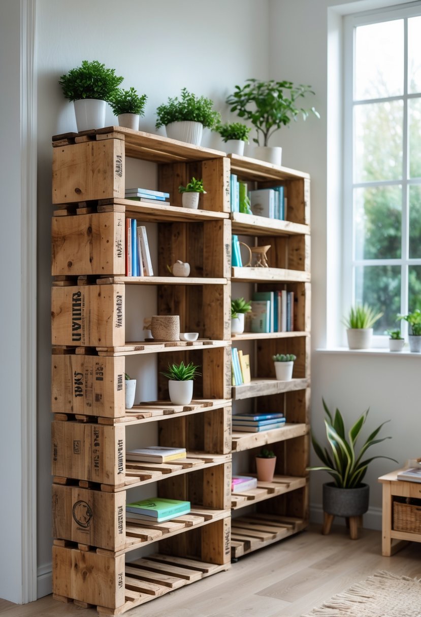 A rustic wooden bookshelf made from pallets filled with books and plants in a bright home setting.
