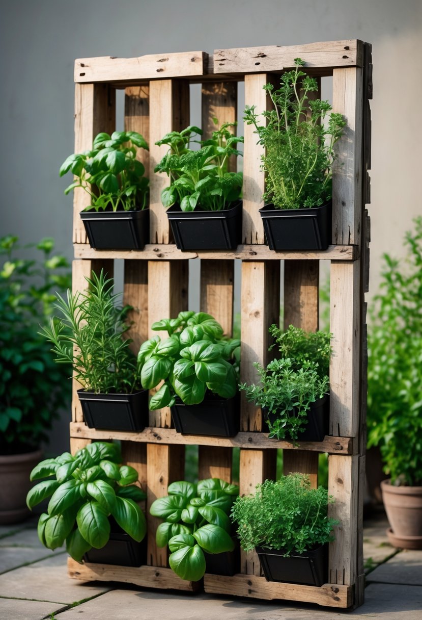 A vertical herb garden made from a wooden pallet with various green herbs growing in small pots attached to it.