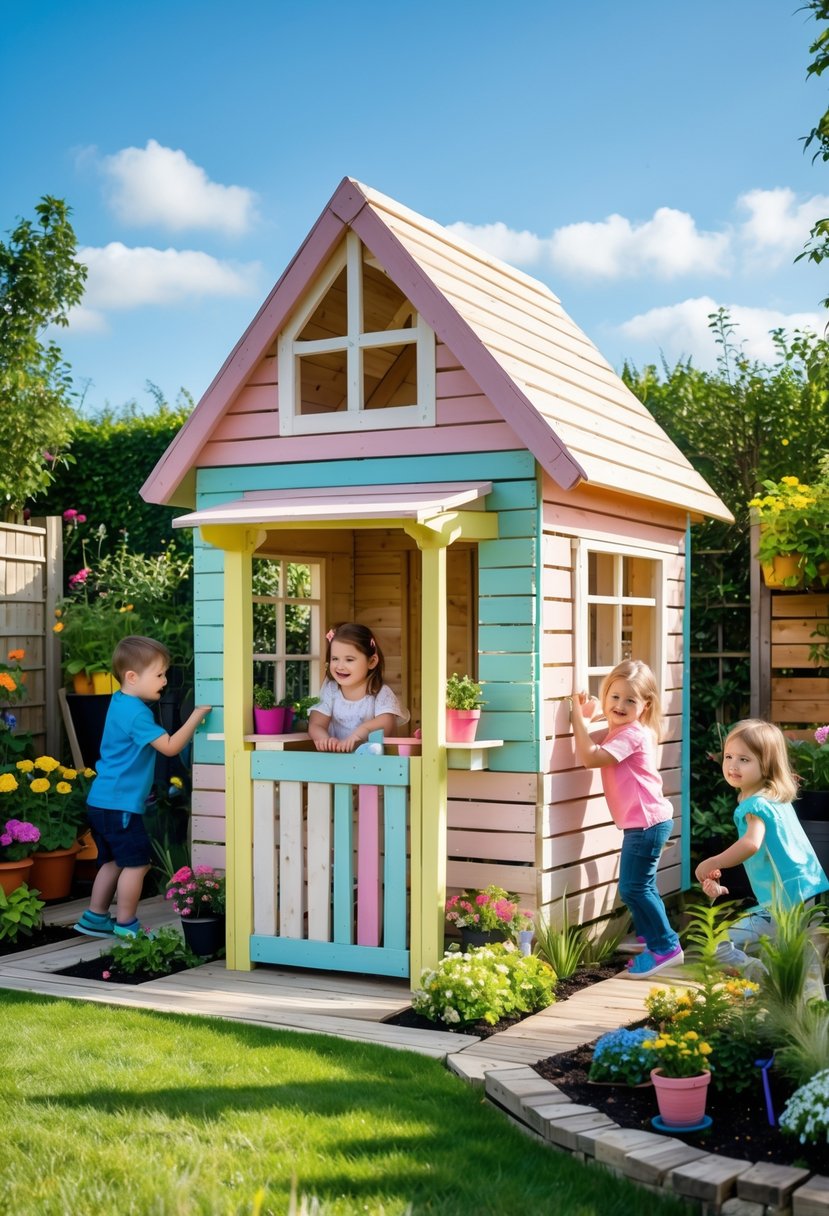 Children playing near a colorful wooden playhouse made from upcycled pallets in a sunny garden with flowers and grass.