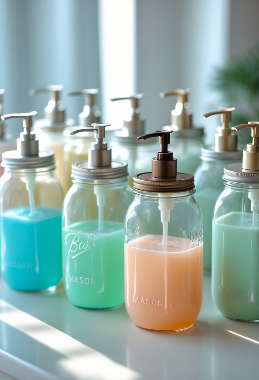 Several mason jar soap dispensers with pump tops filled with colorful liquid soap arranged on a clean surface.