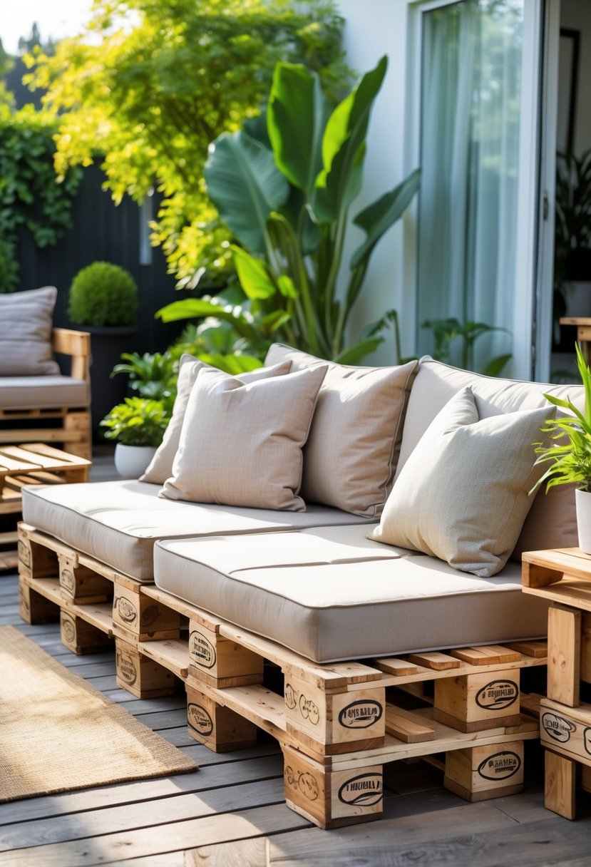 An outdoor seating area with a sofa made from wooden pallets, surrounded by plants and garden furniture.