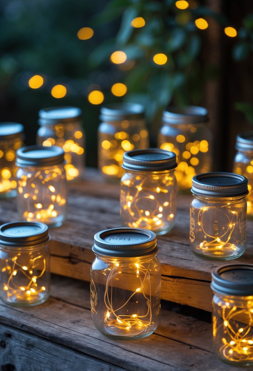 Sixteen mason jars filled with glowing fairy lights arranged on a wooden surface, creating a warm and bright atmosphere.
