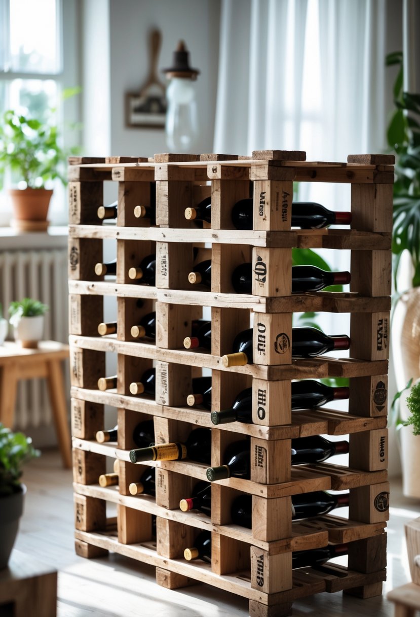 A wooden wine rack made from upcycled pallets holding 15 wine bottles in a bright, cozy home setting with plants nearby.