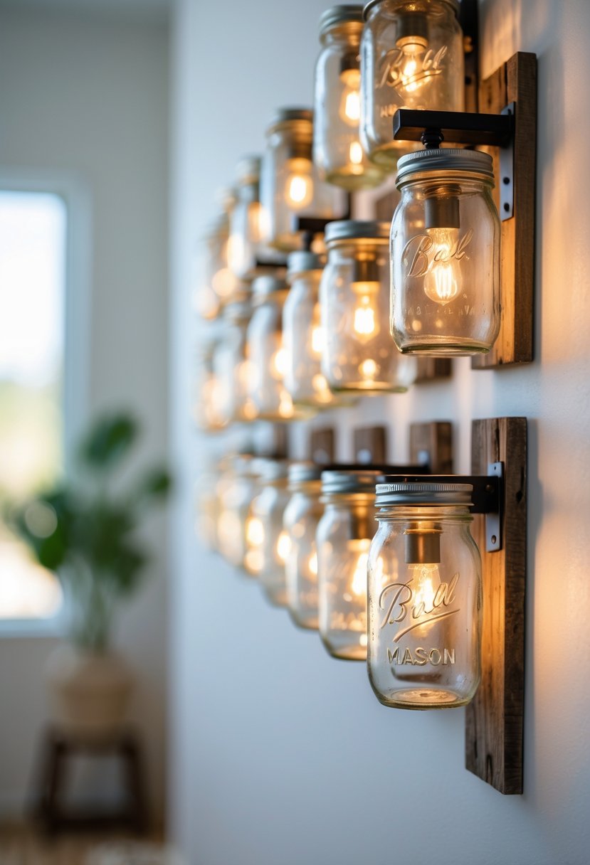 Sixteen mason jar wall sconces mounted on a wall, each jar glowing softly and mounted on wooden backboards.