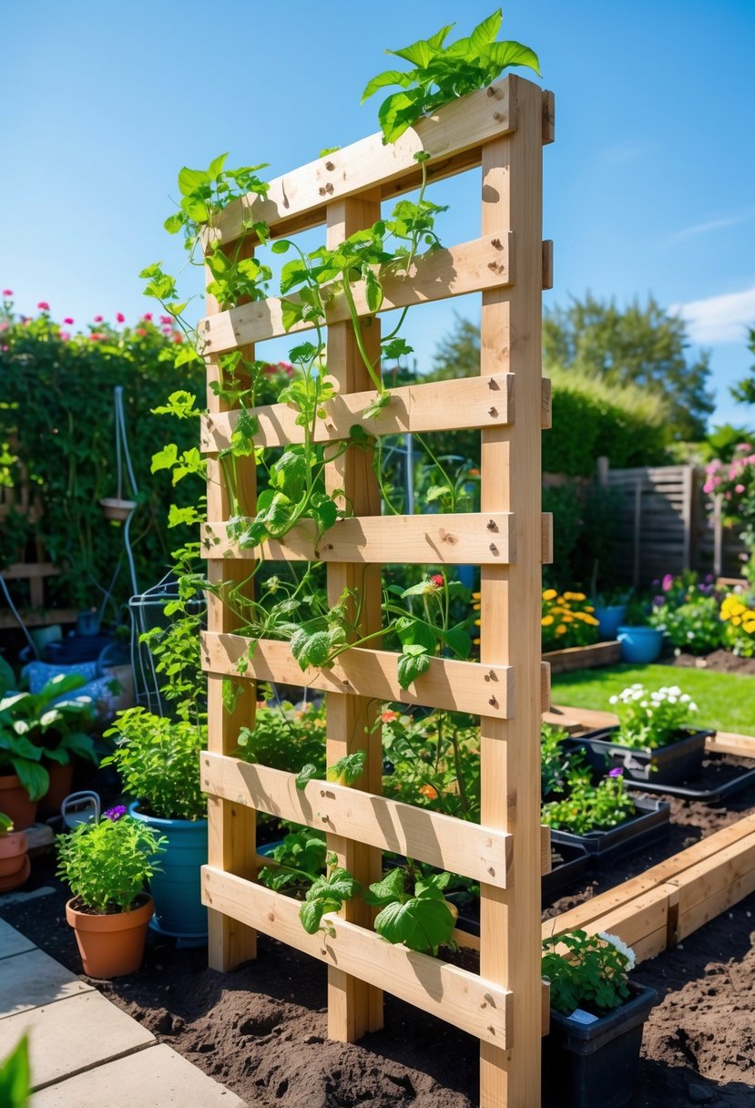 Wooden garden trellis made from repurposed pallets with climbing plants in a vibrant backyard garden.
