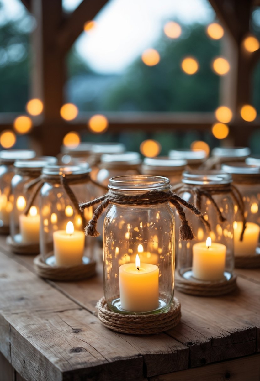 Sixteen mason jars with rope handles glowing softly with candlelight, arranged on a wooden surface in a cozy setting.