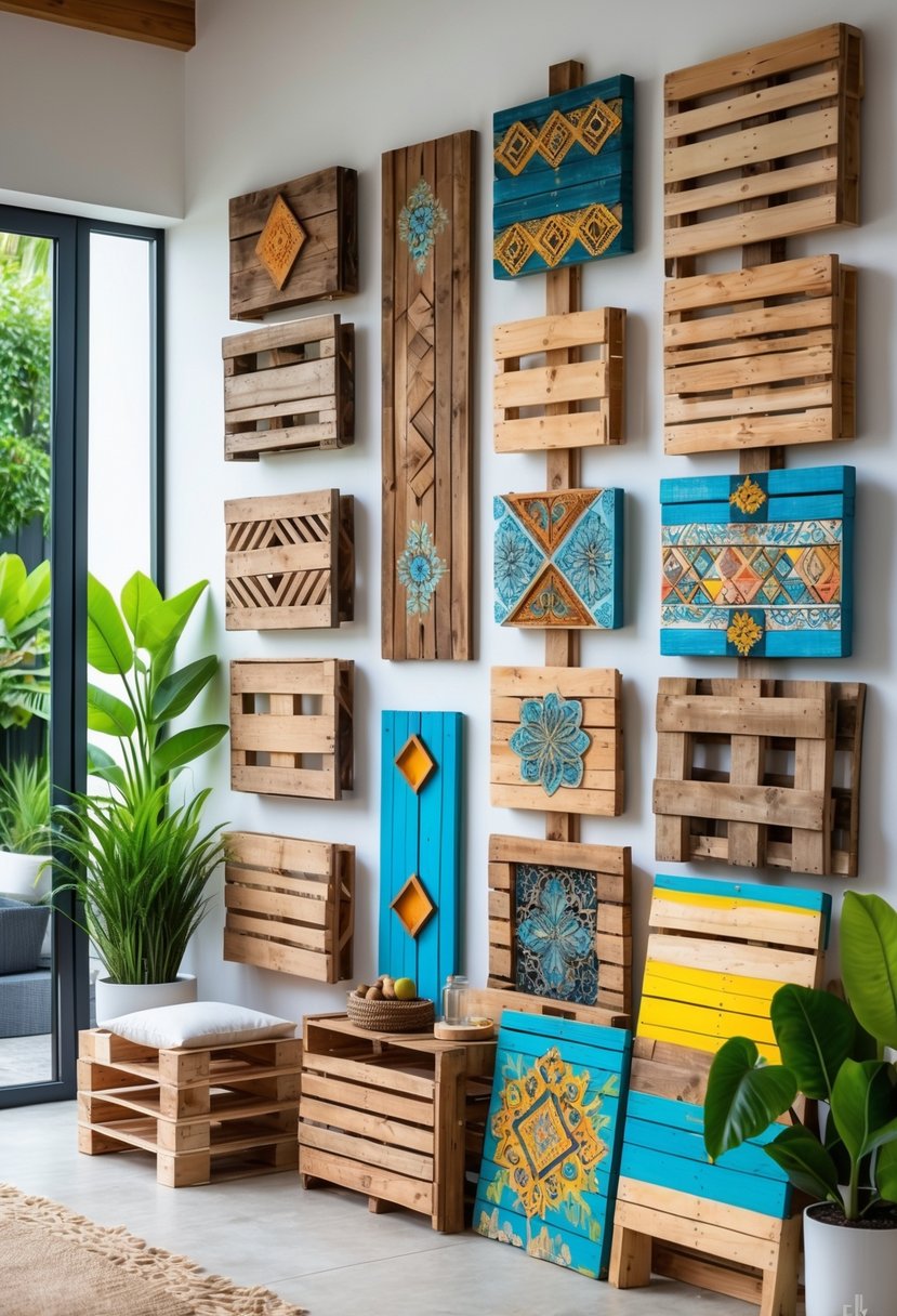 A collection of colorful upcycled wooden pallet wall art pieces displayed in a bright home interior with plants and a garden visible through windows.
