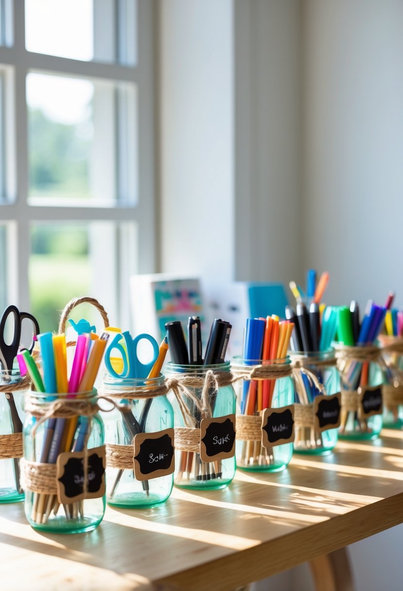 A wooden desk with sixteen mason jars used as organizers holding pens, pencils, and office supplies.