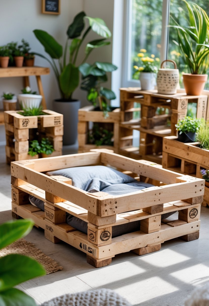 A cozy pet bed made from reclaimed wooden pallets with soft bedding, surrounded by other upcycled pallet projects in a bright home and garden setting.