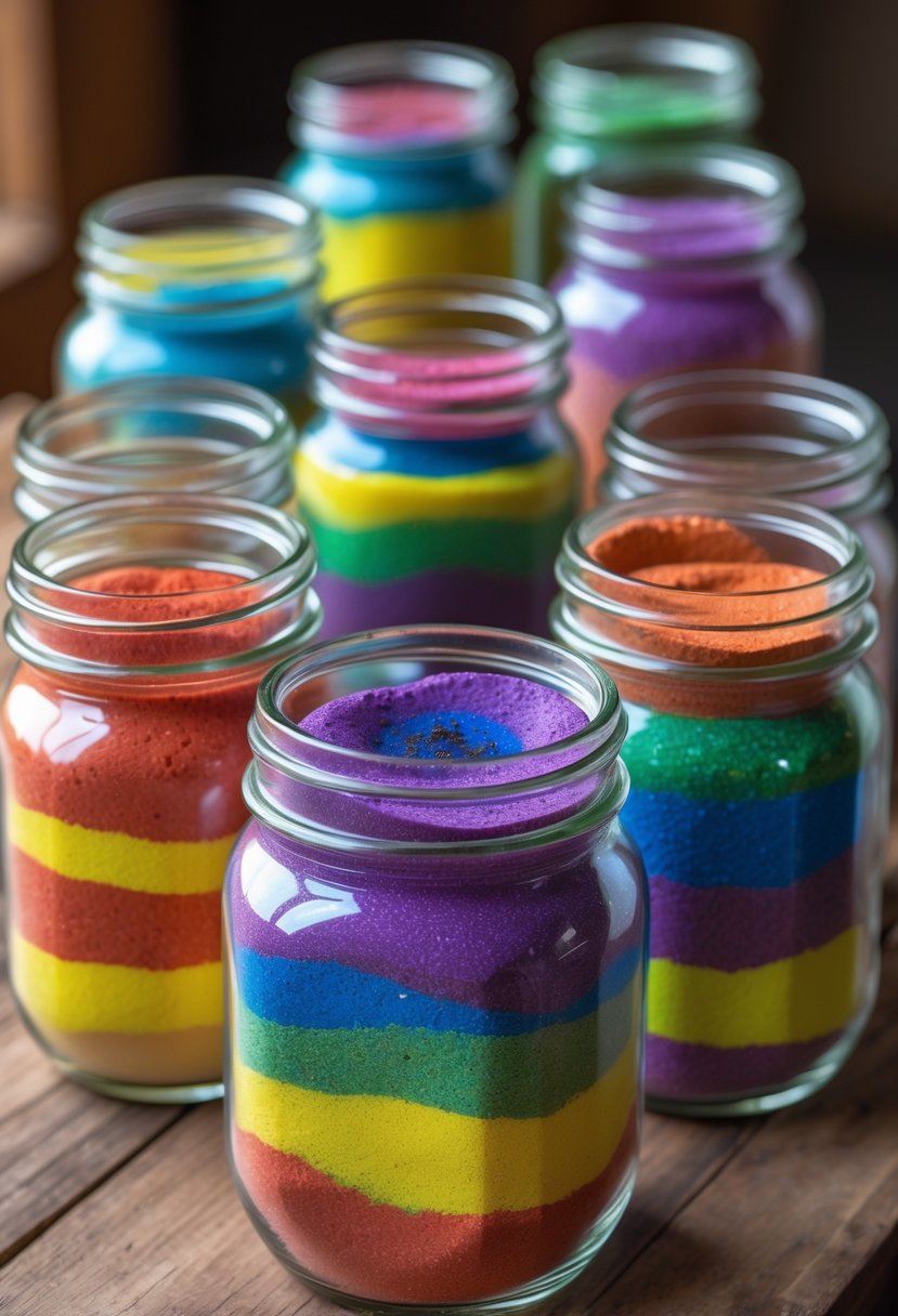 Sixteen mason jars filled with colorful layered sand art arranged on a wooden surface.