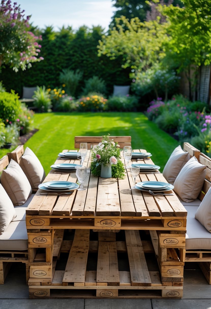 Outdoor dining table and chairs made from upcycled wooden pallets set in a garden with plants and flowers.