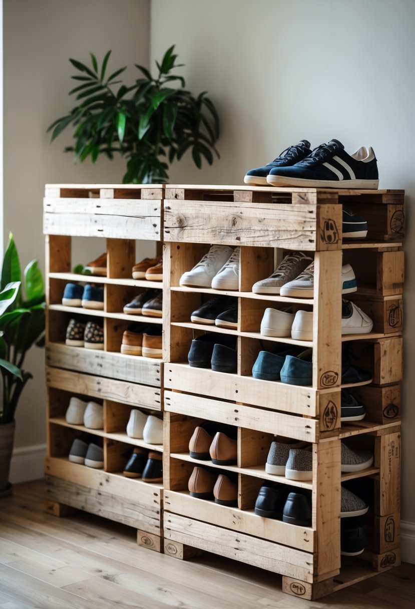 A wooden pallet shoe organizer with 15 compartments holding different pairs of shoes indoors near potted plants.