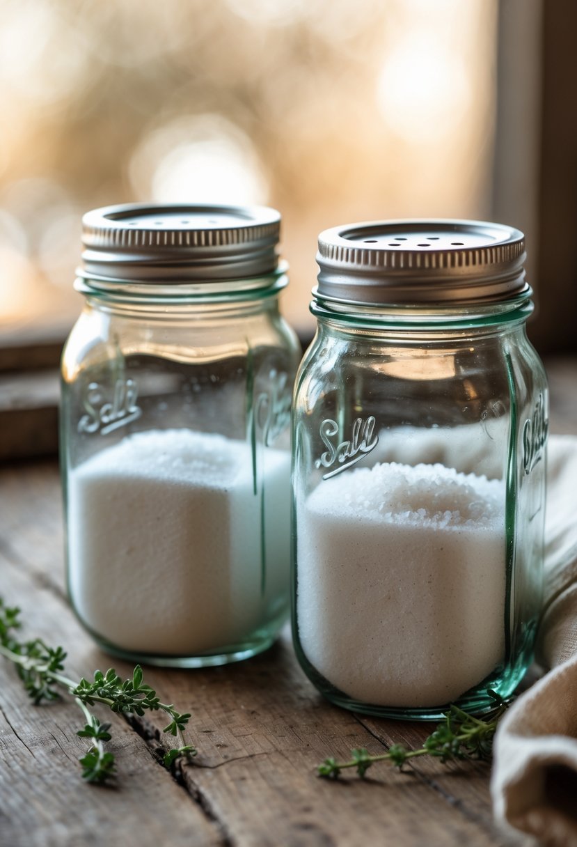 Two mason jar salt and sugar shakers on a wooden table with soft natural light and small decorative herbs nearby.
