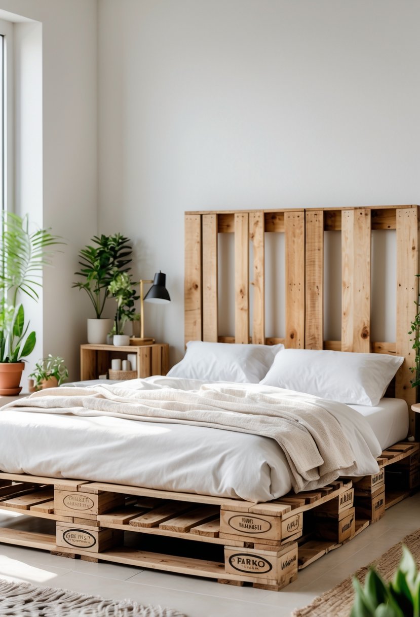 A wooden pallet bed frame in a bright bedroom with white bedding, plants, and a nightstand.
