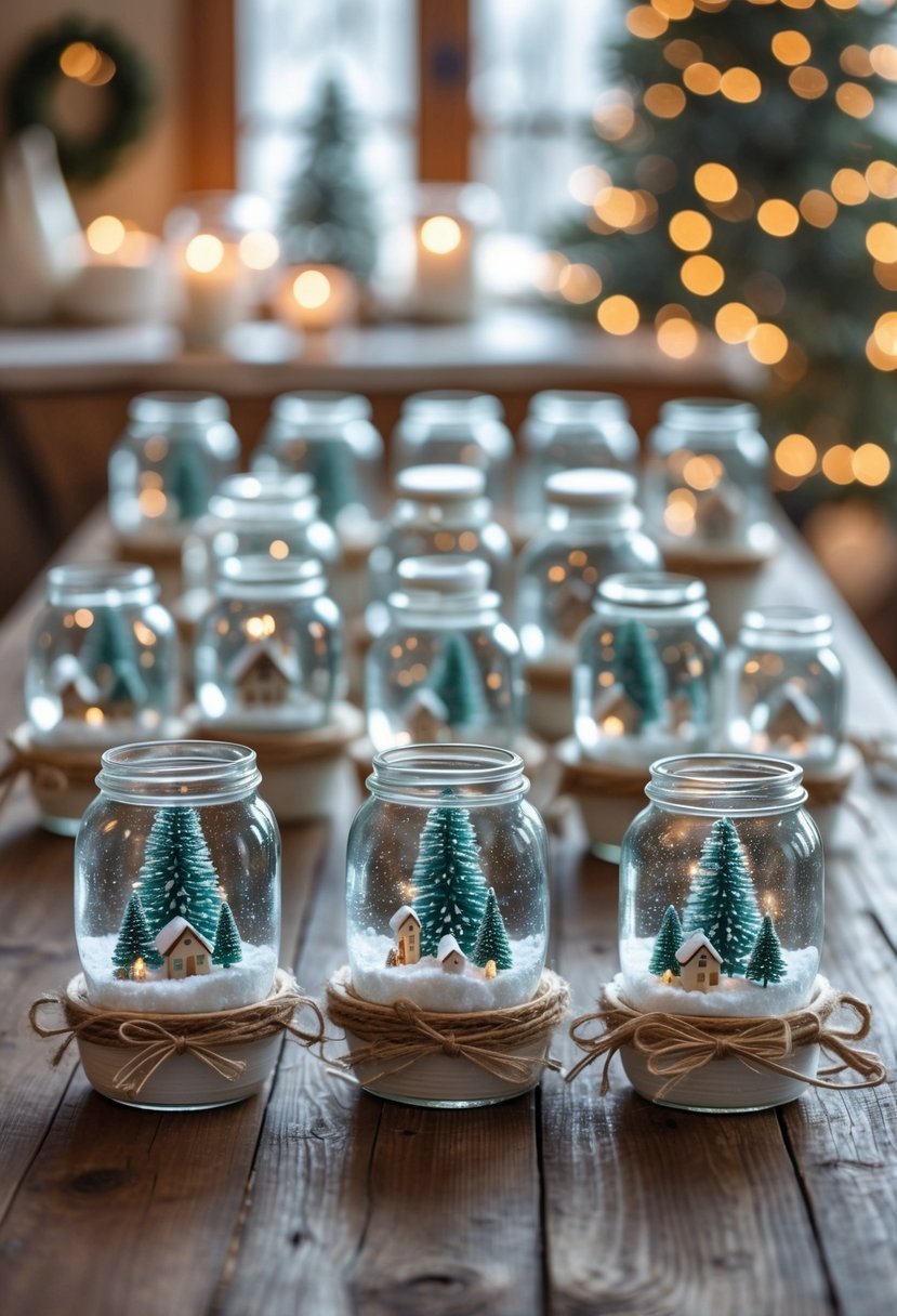 Sixteen mason jars transformed into snow globes with miniature winter scenes inside, arranged on a wooden table.