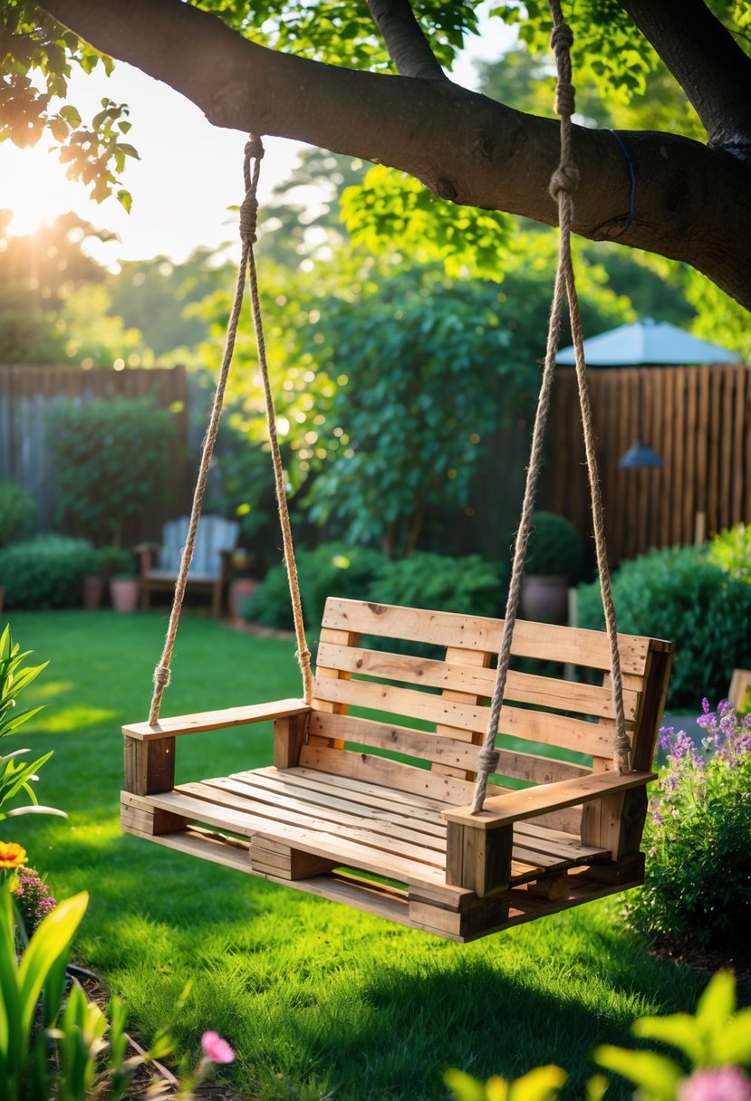 A wooden pallet swing seat hanging from a tree in a green garden with flowers and sunlight.