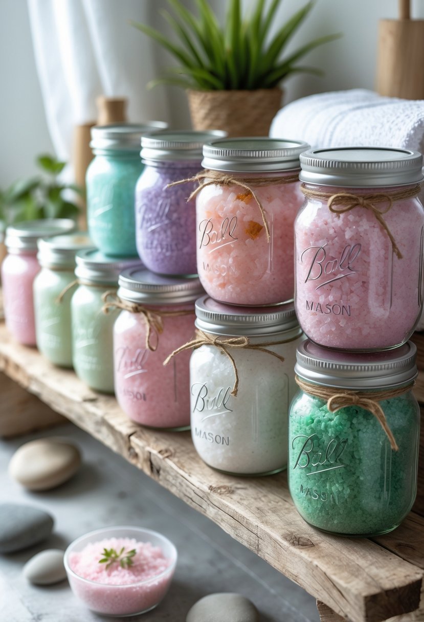 Sixteen mason jars filled with colorful bath salts and body scrubs arranged on a wooden shelf in a bright bathroom setting.