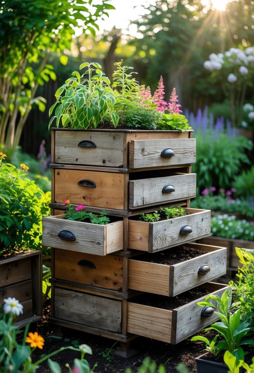 Stacked old wooden drawers repurposed as garden planters filled with green plants and flowers in a garden setting.