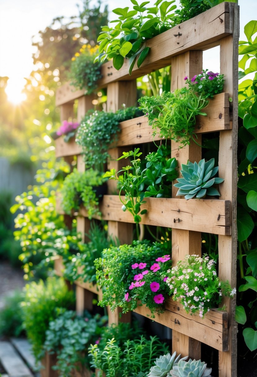 Vertical garden made from repurposed pallet wood with various green plants and colorful flowers arranged outdoors.