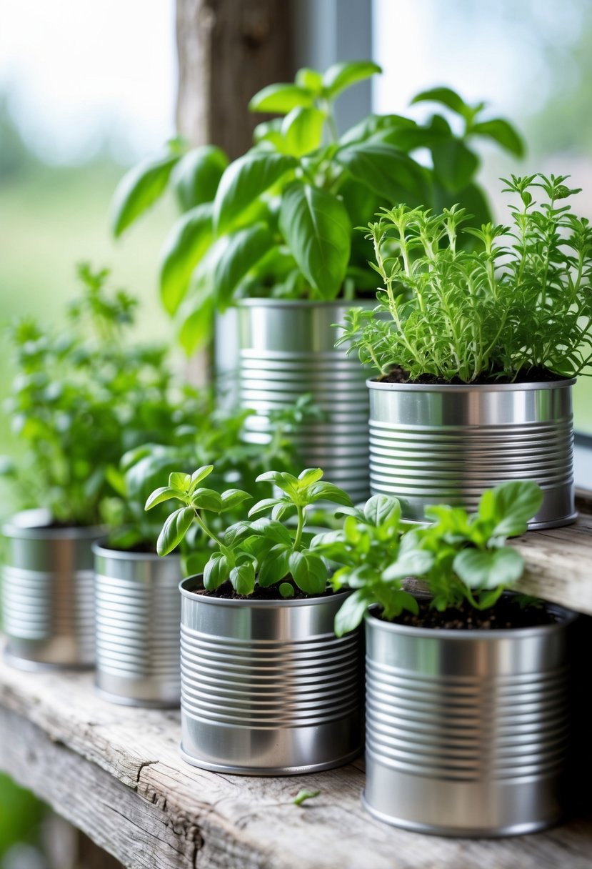 A collection of tin cans used as planters filled with various fresh green herbs arranged on a wooden surface.