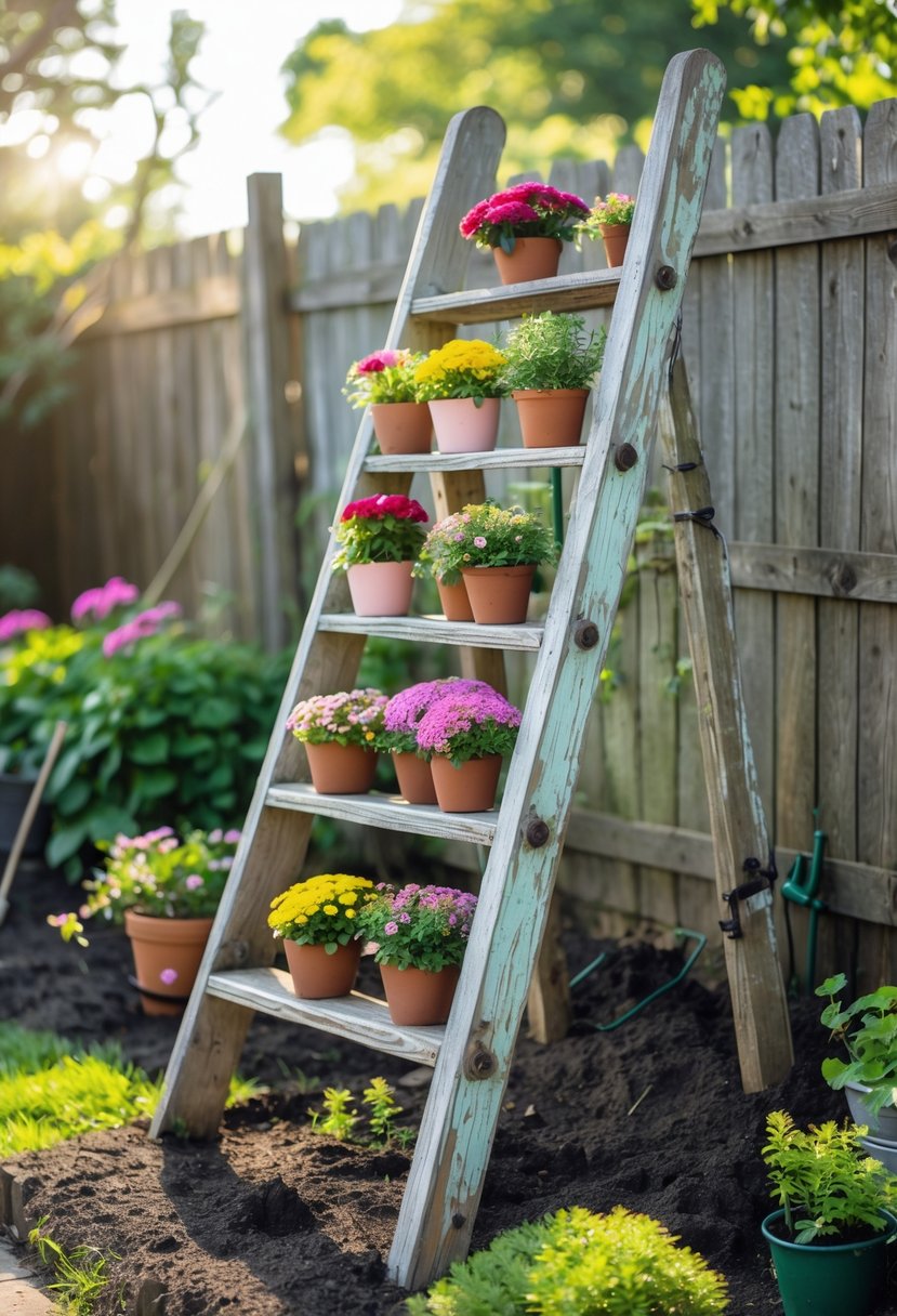 An old wooden ladder used as a flower display with colorful potted plants in a sunny garden.
