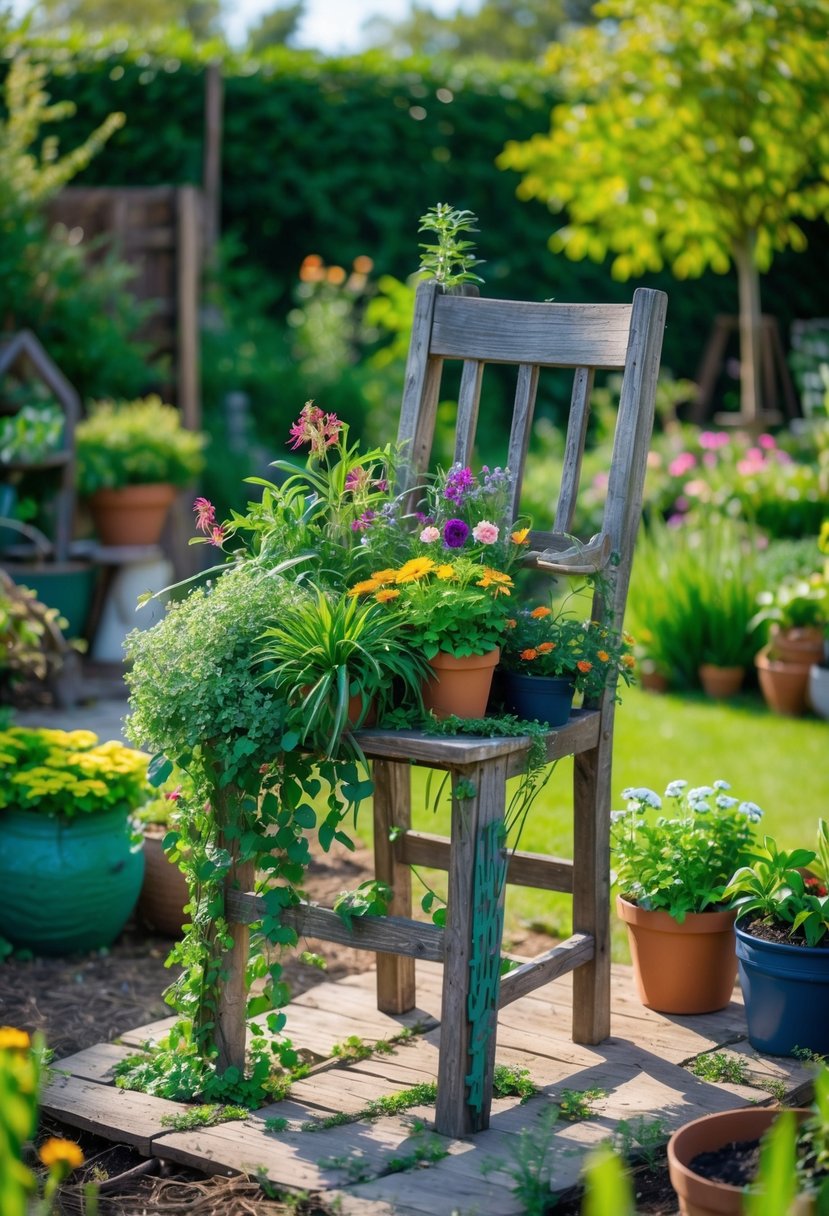 A broken wooden chair used as a plant stand with green plants and colorful flowers in a sunny garden.