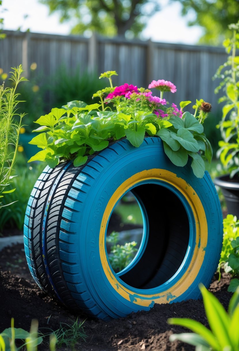 A painted tire used as a raised planter filled with green plants and flowers in a garden.