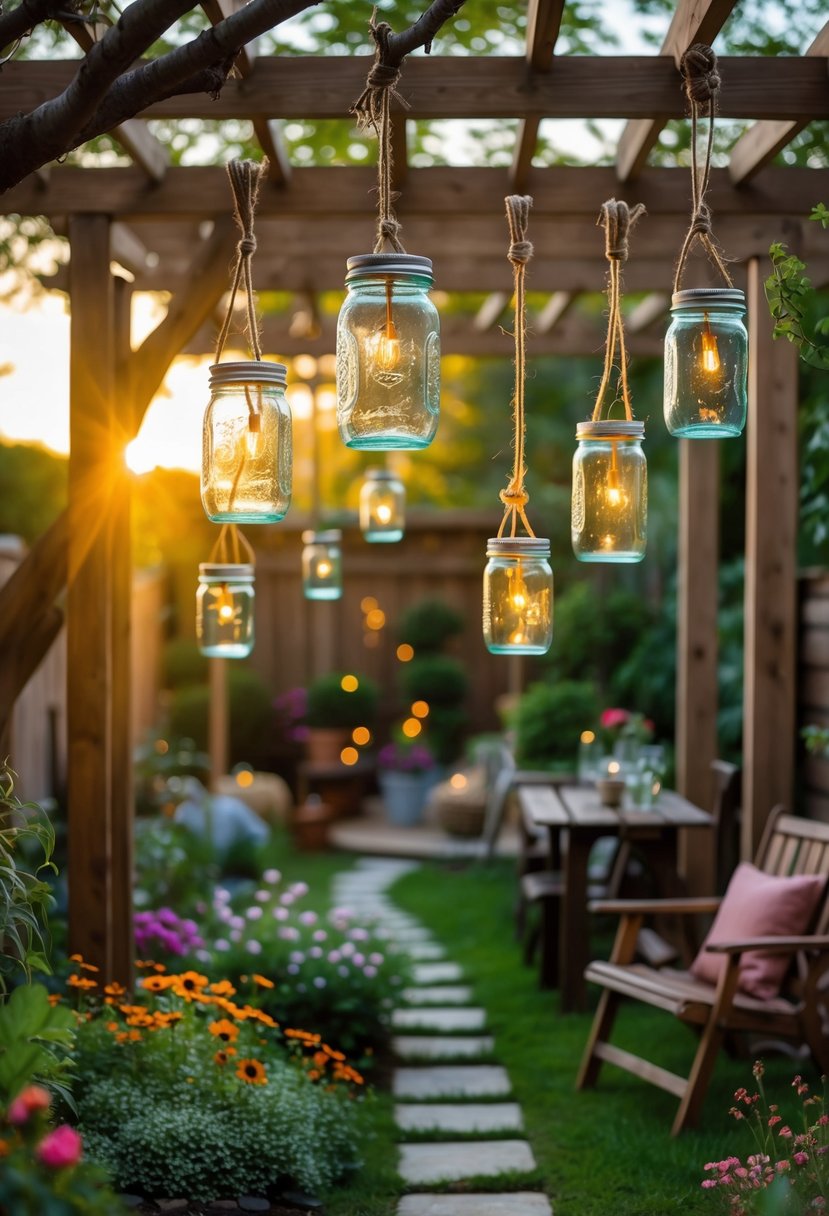 Glass jar lanterns hanging from tree branches and wooden structures in a garden filled with plants and flowers.