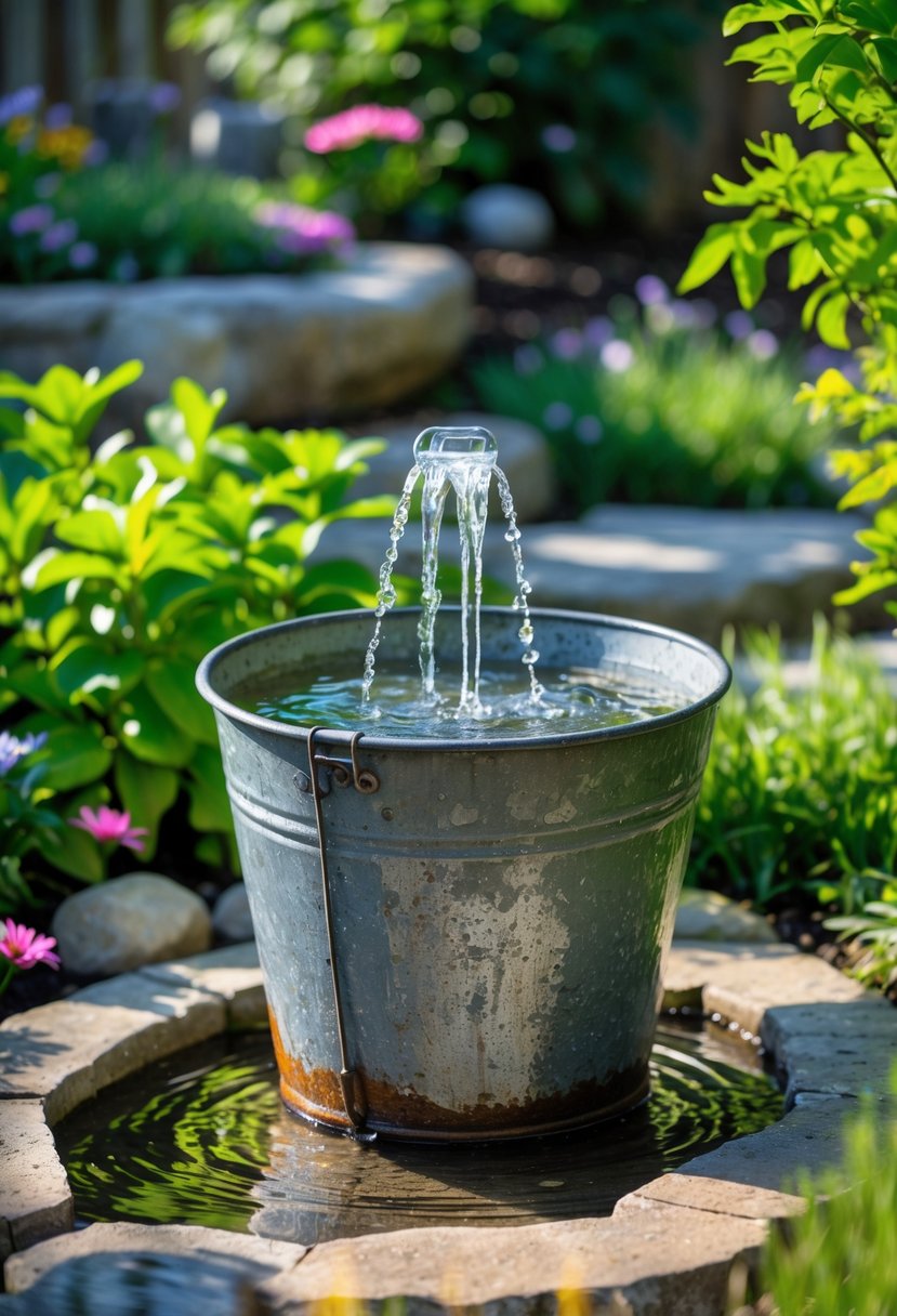 A recycled metal bucket used as a water feature in a garden with water flowing into a stone basin surrounded by plants and flowers.