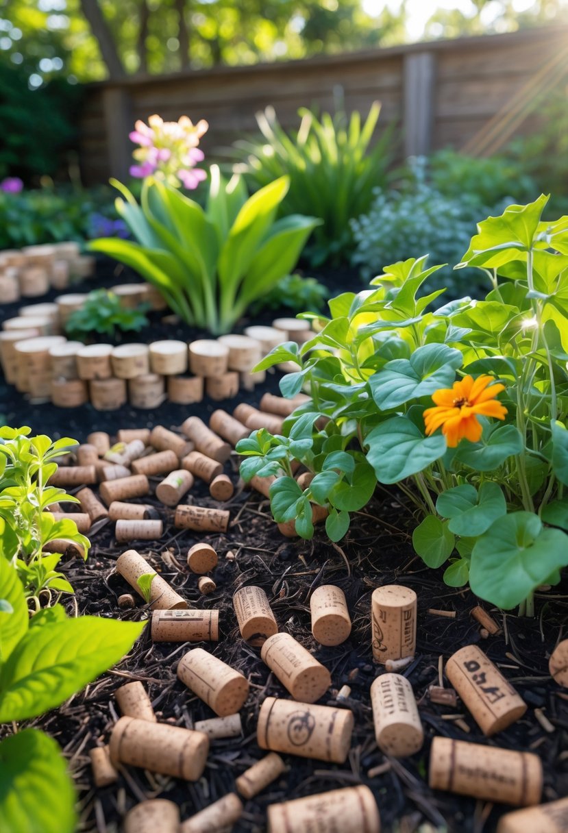 A garden bed with green plants and flowers, covered with wine corks used as mulch around the plants.