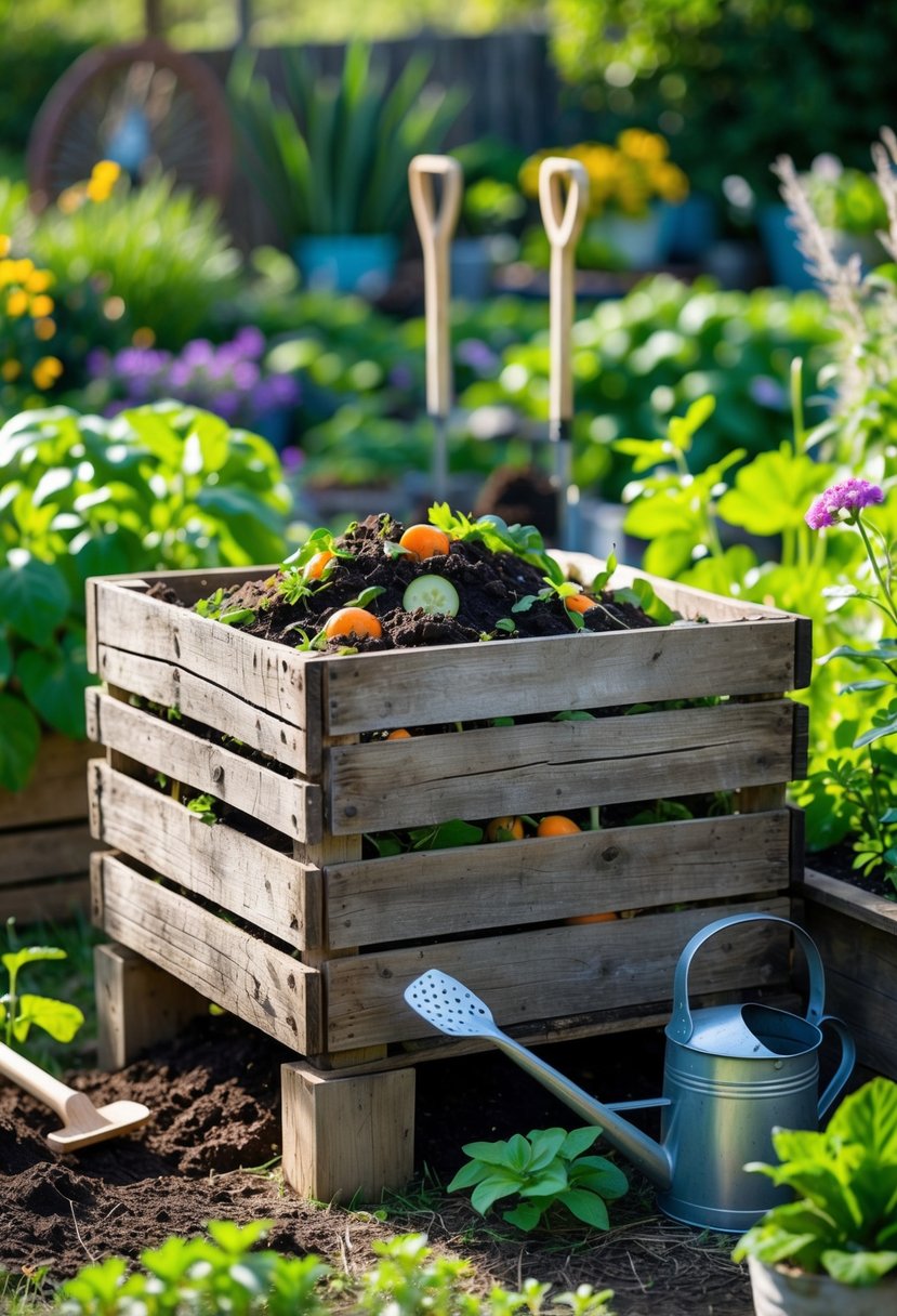 A wooden crate repurposed as a compost bin filled with organic materials in a garden surrounded by plants and gardening tools.