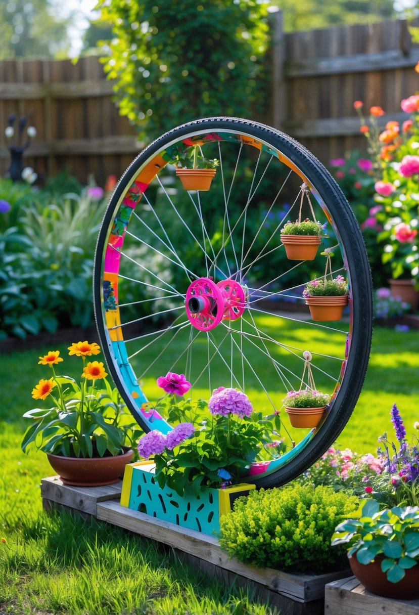 A garden scene with a used bicycle wheel creatively decorated with flowers and planters surrounded by green plants and flowers.