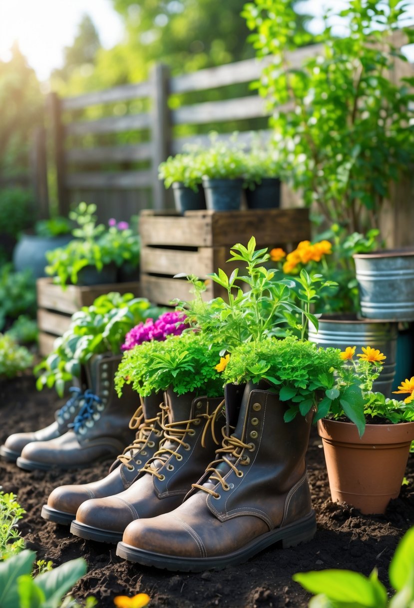 Old boots used as planters filled with green plants and colorful flowers in a garden setting surrounded by other upcycled containers and greenery.