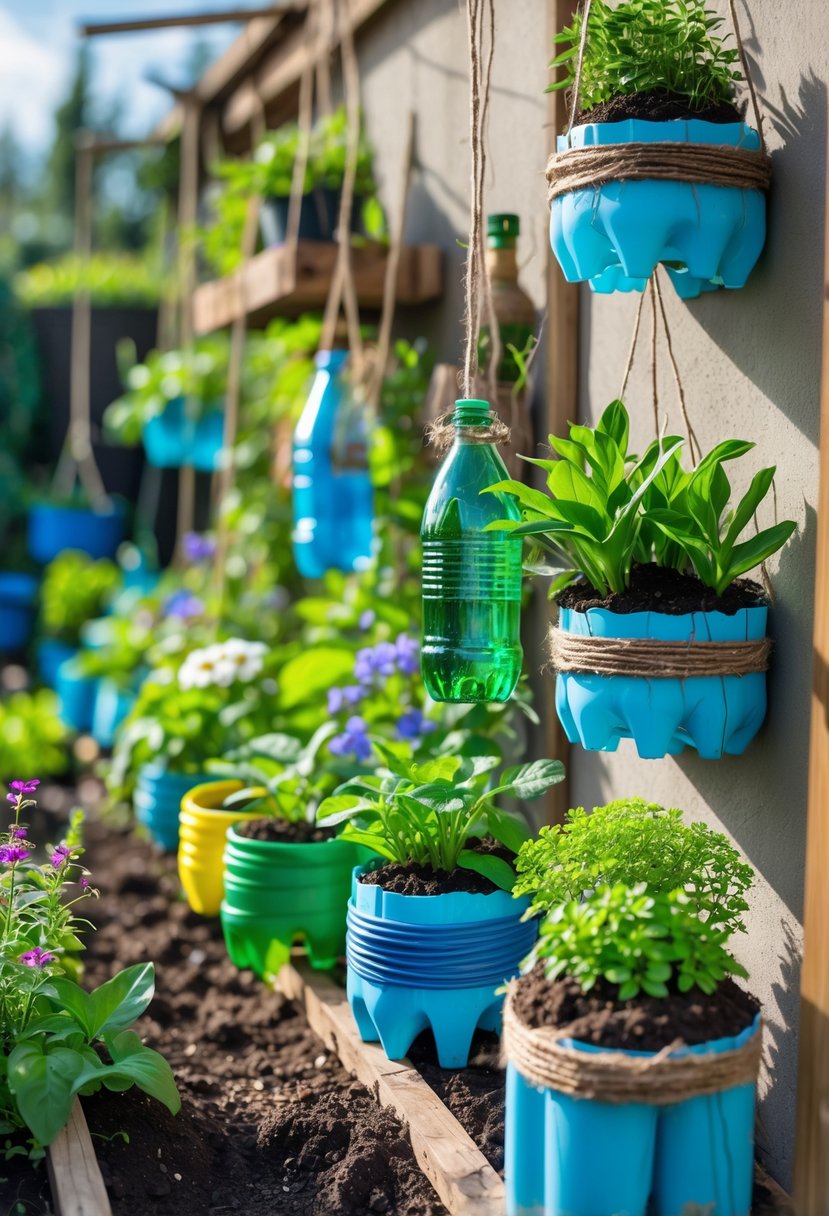 A garden display of various plastic bottle self-watering planters with green plants and flowers arranged outdoors.