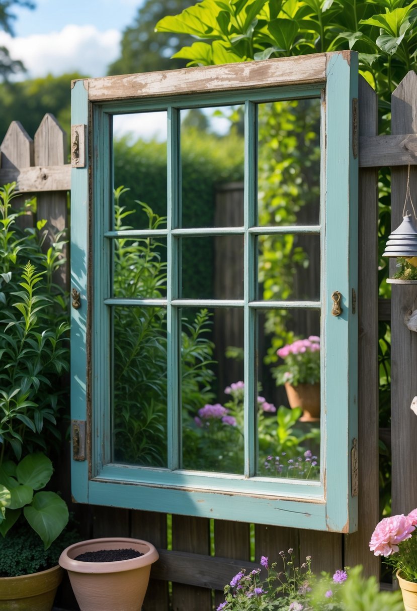 A garden with a repurposed window frame used as a mirror, surrounded by plants and flowers.